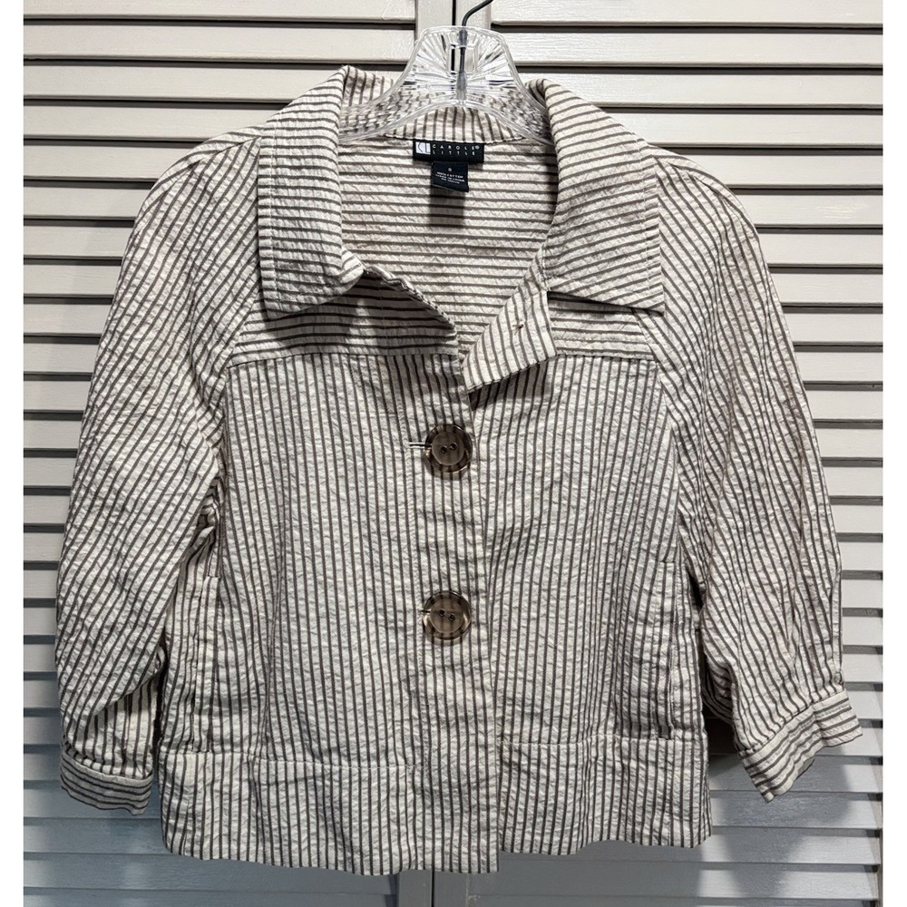 Carole Little 3/4 Sleeve Big Button Tan/Ivory Jacket Size Small Pleated Boho